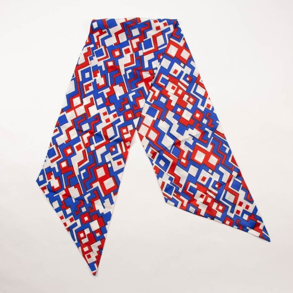 Geometric Red White & Blue Silk Scarf With Abstract Pattern Design - Picture 1 of 4